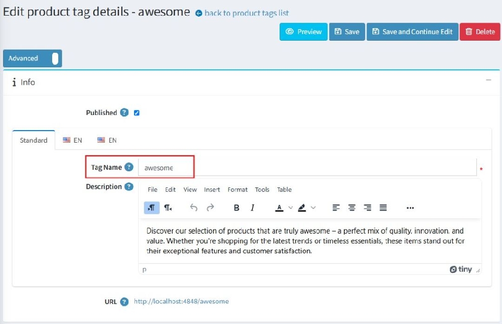 Edit product tag detail setting page